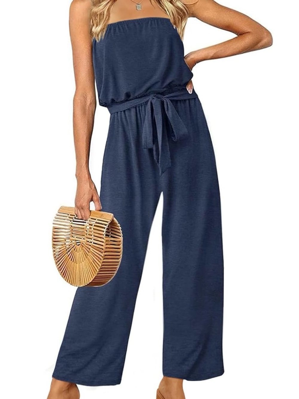 Strapless Wide-Leg Jumpsuit with Tie Waist - Navy